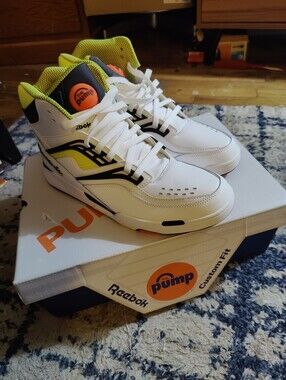 Reebok White, Neon Yellow & Orange Pump Mid-Top Sneakers